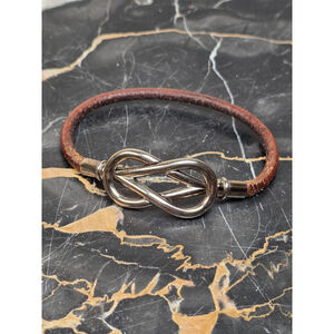 VTG Hermes Atamé Brown Leather Knot Bracelet Palladium Plated 8" Authentic